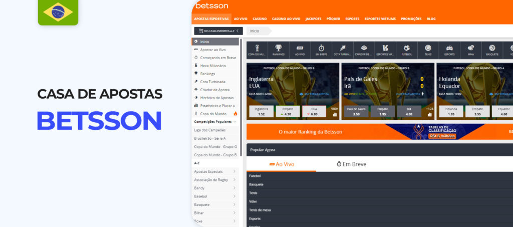 Interface do sítio web Betsson Brazil bookmaker