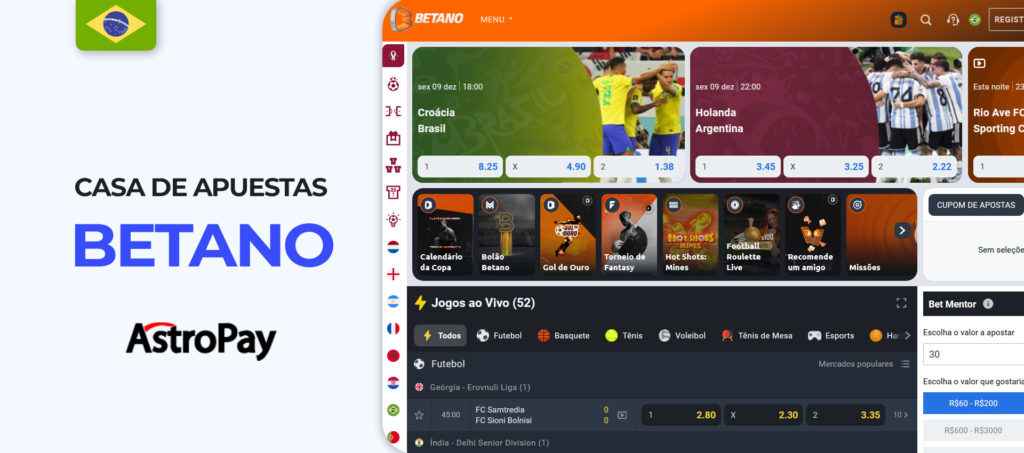Interface do sítio web Betano Brazil bookmaker