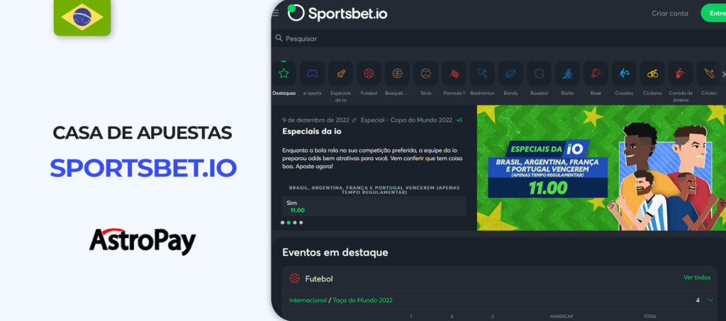 Interface do sítio web Sportbet.io Brazil bookmaker