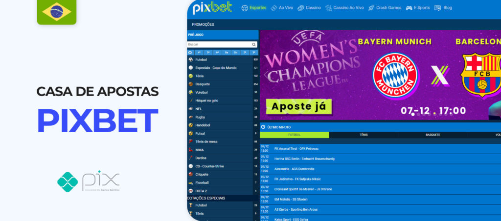 Interface do sítio web Pixbet Brazil bookmaker