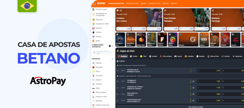 Interface do sítio web Betano Brazil bookmaker