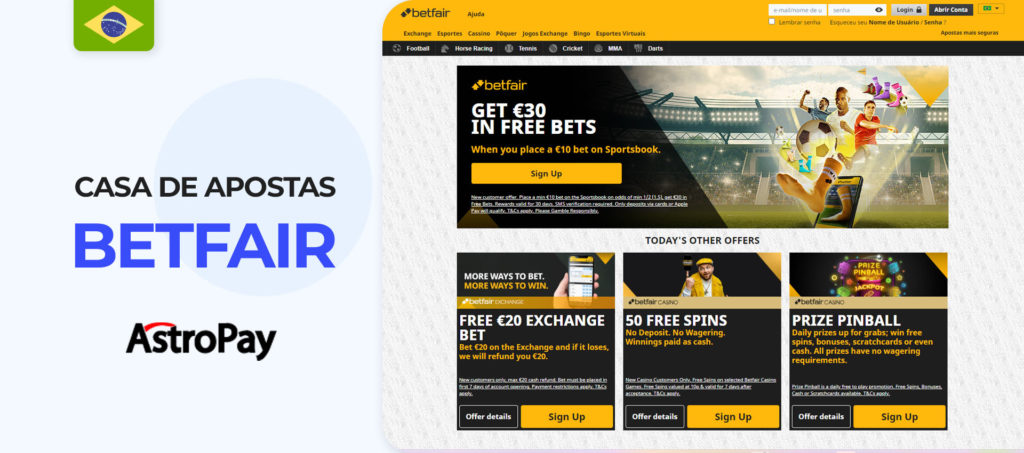 Interface do sítio web Betfair Brazil bookmaker