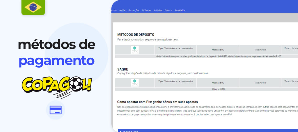 Análise sobre os métodos de pagamento disponíveis na Copagolbet Brasil.