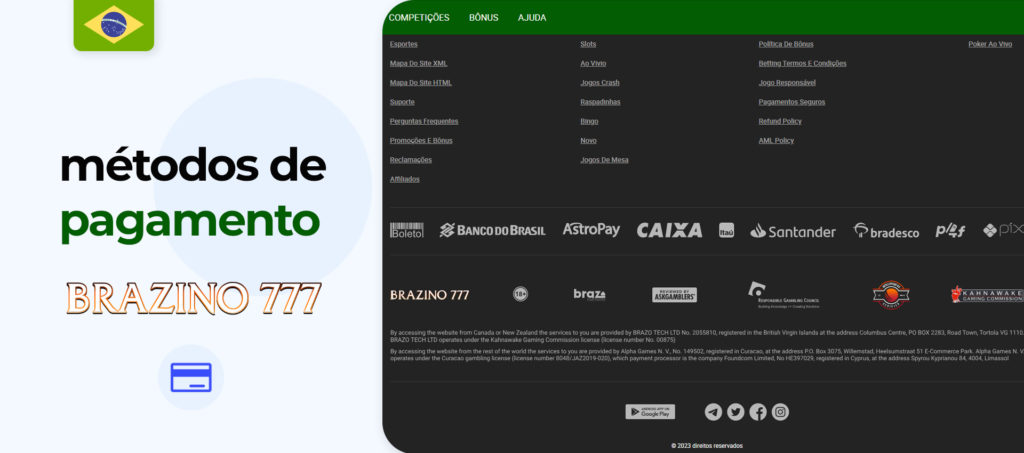 Métodos de pagamento e programa de depósito na casa de apostas Brazino777 no Brasil