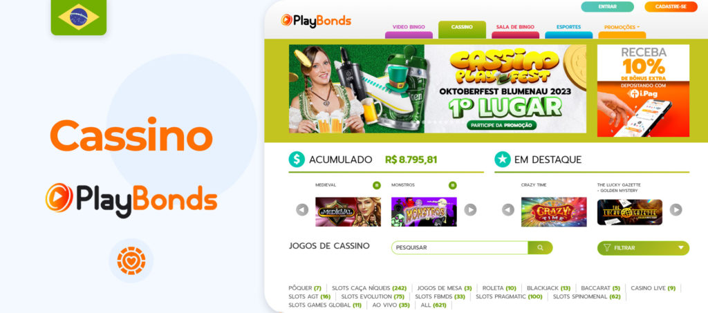 Além das apostas esportivas, o Playbonds tem outras seções no site, como cassino e bingo grátis 