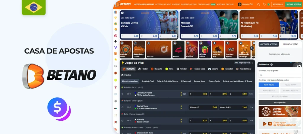 A interface do site oficial da casa de apostas Betano para bônus de apostas no Brasil