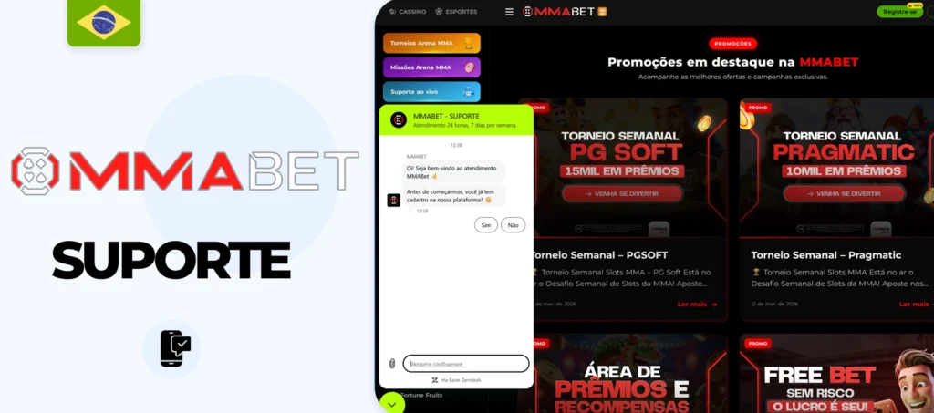 Suporte MMABet via chat ao vivo e e-mail.