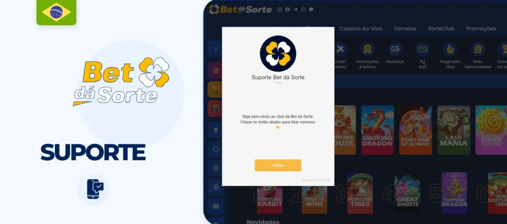 Suporte Bet da Sorte via chat ao vivo e e-mail.